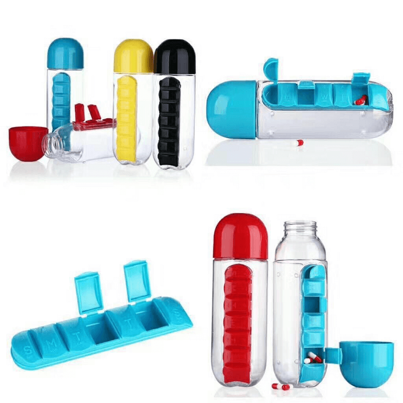 2 In 1 Water Bottle With Built In 7 Day Pill Organizer And Cup Cap Durable Portable Design For Daily Use | Random Color