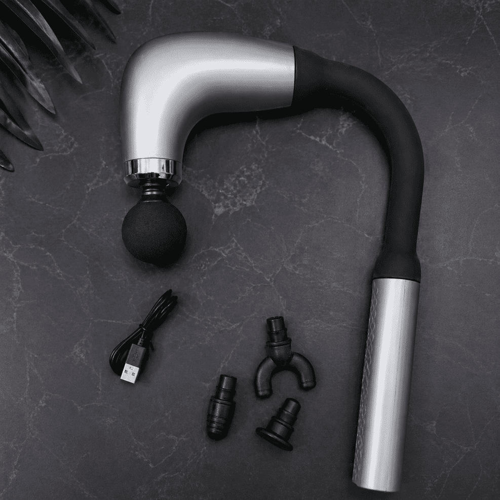 Long-Handle Fascial Gun Massager �Ergonomic Percussion Massage Tool with 4 Interchangeable Heads �Rechargeable Full Body Muscle Relaxer