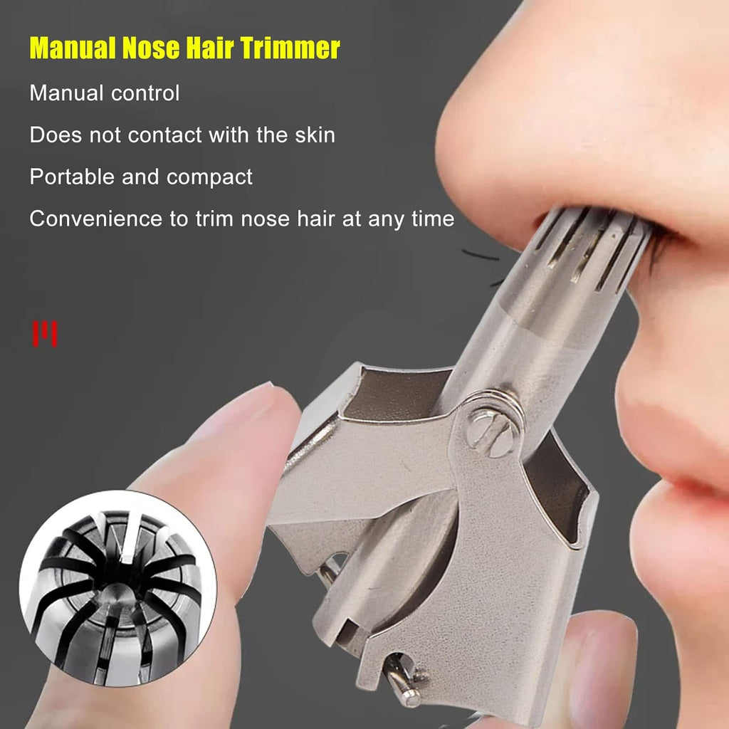 Stainless Steel Manual Nose Hair Trimmer �Portable 6-Teeth Precision Trimming Tool with Drawstring Bag and Brush