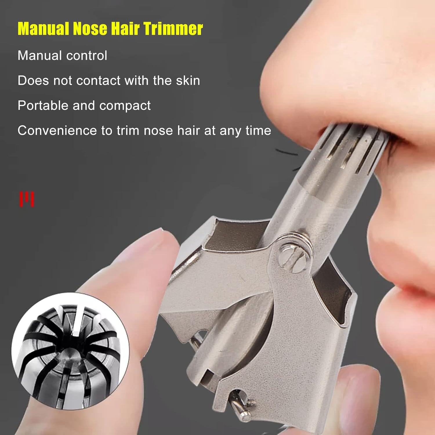 Stainless Steel Manual Nose Hair Trimmer �Portable 6-Teeth Precision Trimming Tool with Drawstring Bag and Brush