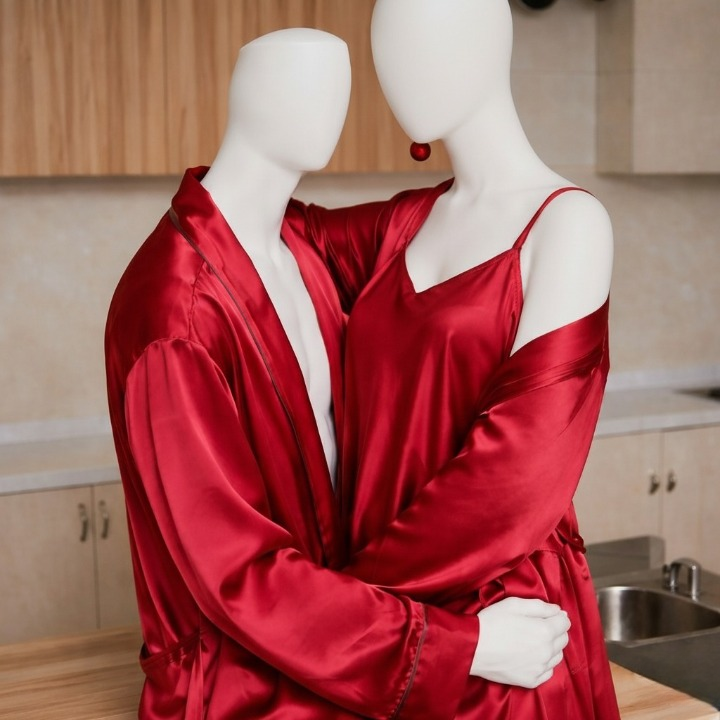 Premium Satin Silk Couple Gown Set (3 Pcs) �Elegant Matching Nightwear for Men & Women | Free Size | SKU: DC-C006 | Maroon