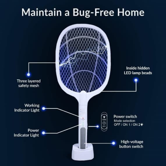 Rechargeable Mosquito Racket With Stand �Electric Insect Killer Bat For Indoor And Outdoor Use (Random Color)