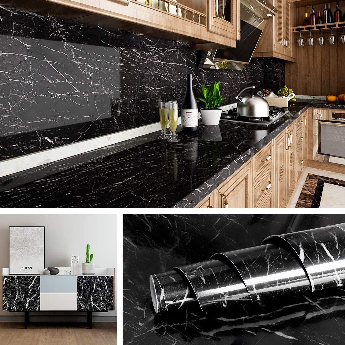 Self Adhesive Black Marble Sheet For Kitchen �Waterproof, Heat And Oil Resistant Wallpap er For Countertops, Cabinets, And Furniture(60x200)