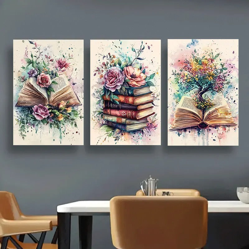 Botanical Books �3-Piece Watercolor Wall Art Set Celebrating Growth & Imagination (8x11 inch)