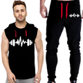 Black Vinyl Dumble Printed Gym Summer Hooded Sleeveless Tracksuit for Mens (Hooded + Trouser) - M