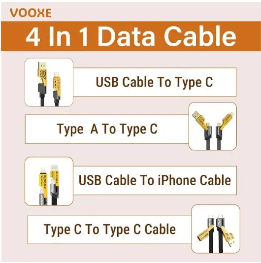 4 in 1 Data Cable Pack of 2 �USB-C &amp; Lightning Connectors, Braided Durable Design, Fast Charging &amp; Data Transfer, Black with Yellow Connectors