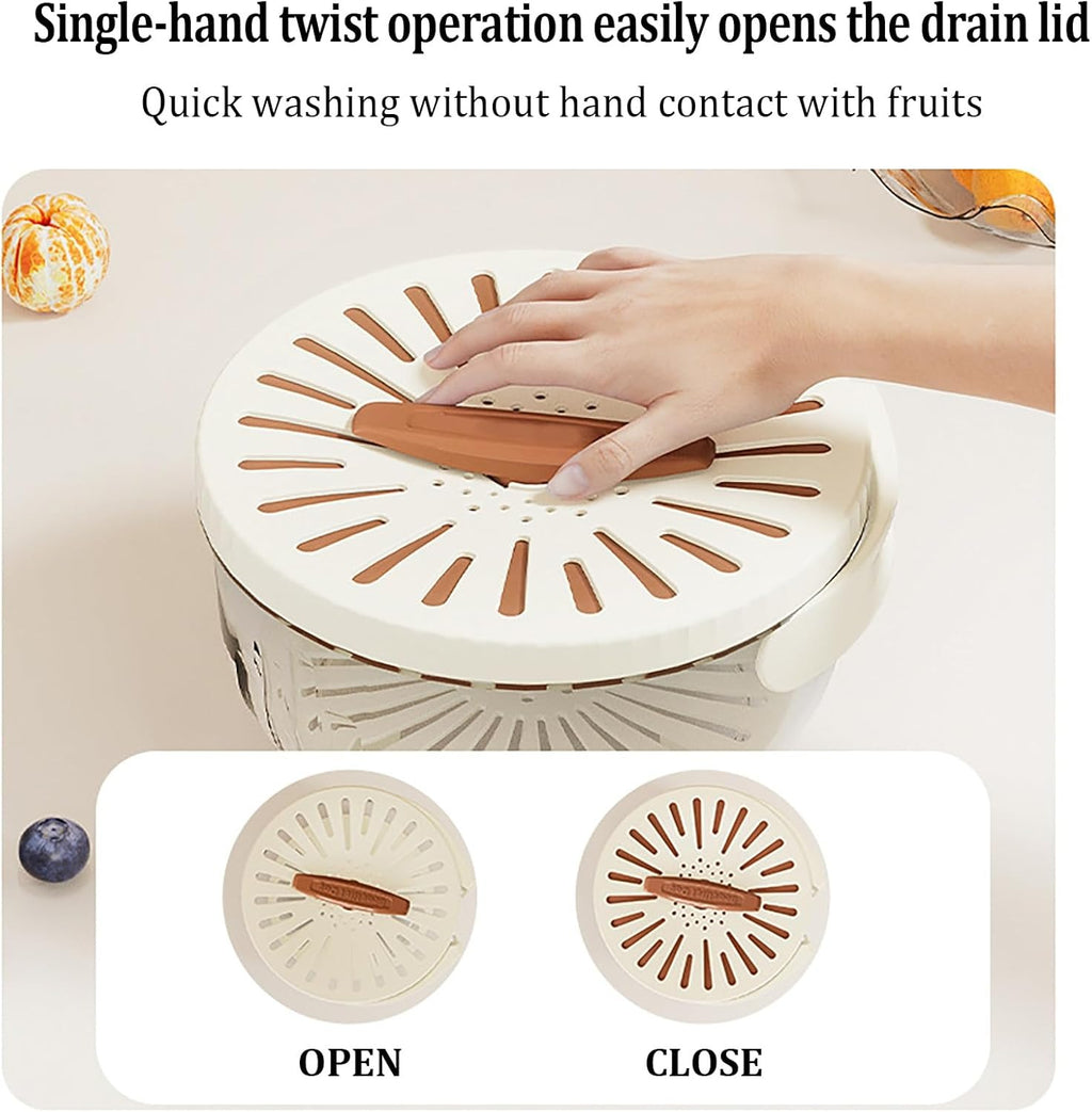 Kitchen Fruit Drainage Basket with Lid �Multi functional Dual-Layer Bowl for Washing, Draining &amp; Storing Fruits and Vegetables, Foldable Handle Design, White