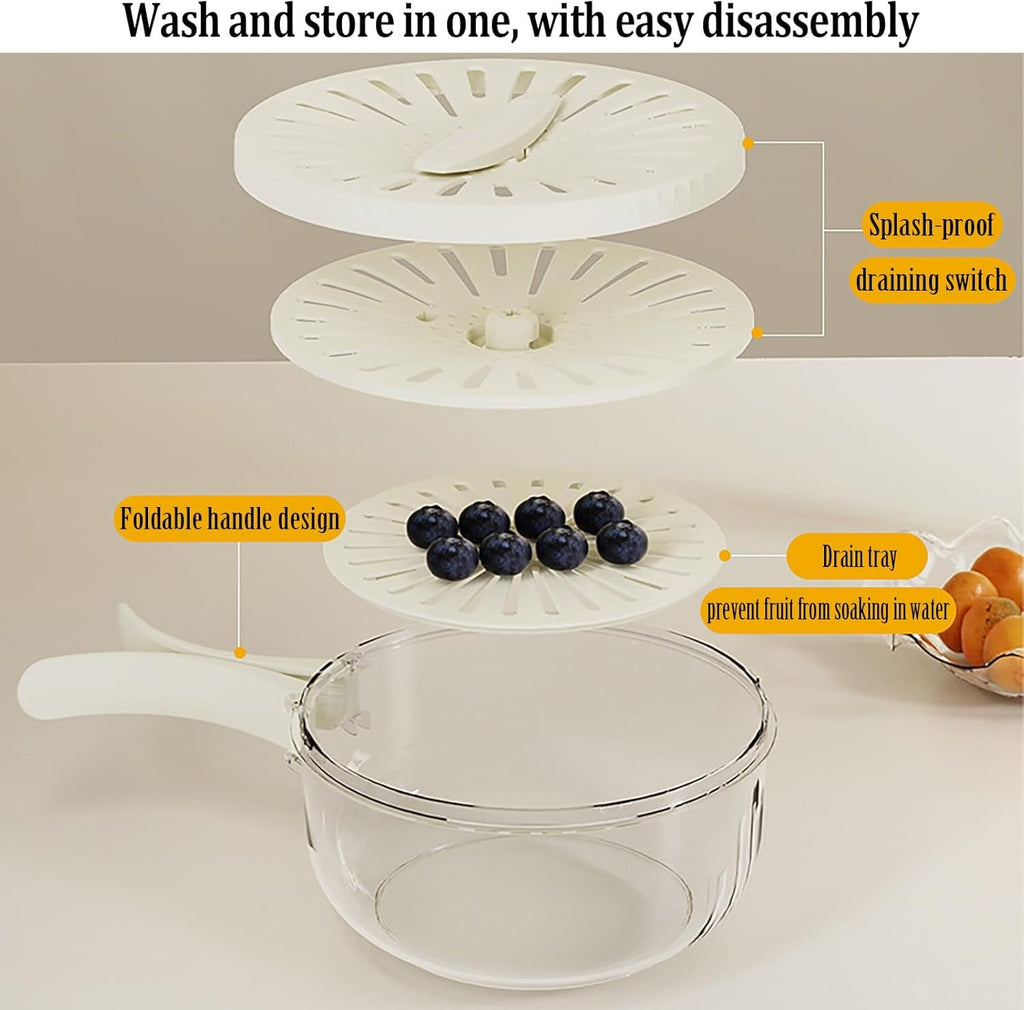 Kitchen Fruit Drainage Basket with Lid �Multi functional Dual-Layer Bowl for Washing, Draining &amp; Storing Fruits and Vegetables, Foldable Handle Design, White