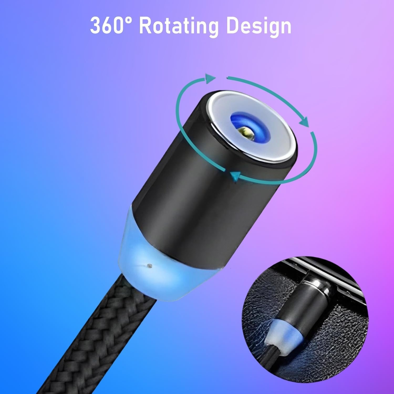 3-in-1 Magnetic Fast Charging Cable | Micro USB, Type-C &amp; iPhone | 360? Rotation | LED | 3A | Nylon Braided | Magnetic Charging Cables For Android &amp; IOS | Charging Cable For Mobile Phone ( Random Color )