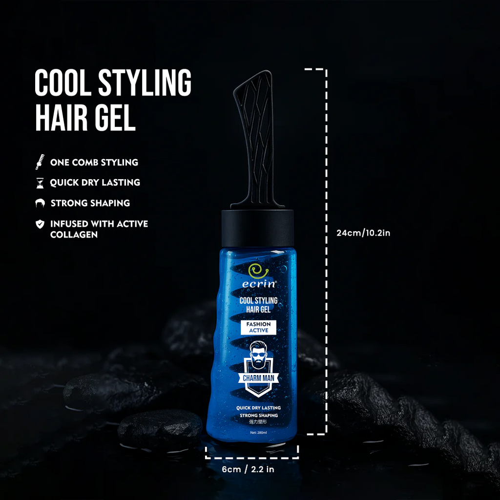 ECRIN Cool Styling Hair Gel with Active Collagen | Strong Hold, No Flakes, Nourishing Formula for All Hair Types, Daily Use Gel with Refreshing Cool Effect - With Comb (280ml)