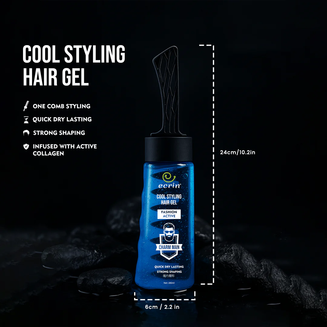 ECRIN Cool Styling Hair Gel with Active Collagen | Strong Hold, No Flakes, Nourishing Formula for All Hair Types, Daily Use Gel with Refreshing Cool Effect - With Comb (280ml)