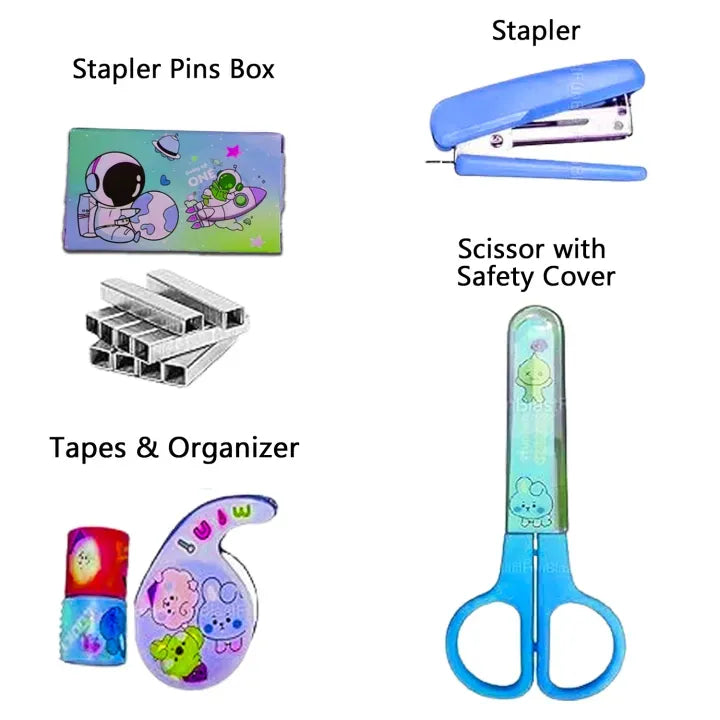 Space-Themed Stationery Set for Students and Office Use �6-Piece Desk Organizer Kit with Stapler, Staple Pins, Scissors, Mini Washi Tapes, and Tape Dispenser �Creative Back-to-School and Gift Set (Random Color)