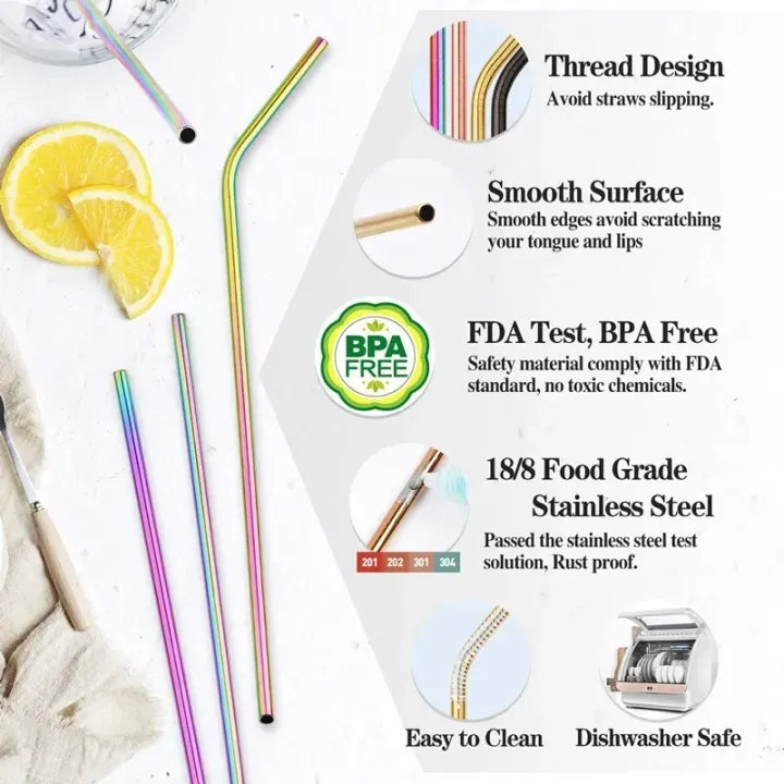 Set of 6 Colorful Reusable Metal Straws �Stainless Steel Drinking Straws with Eco-Friendly Design for Home, Travel &amp; Parties