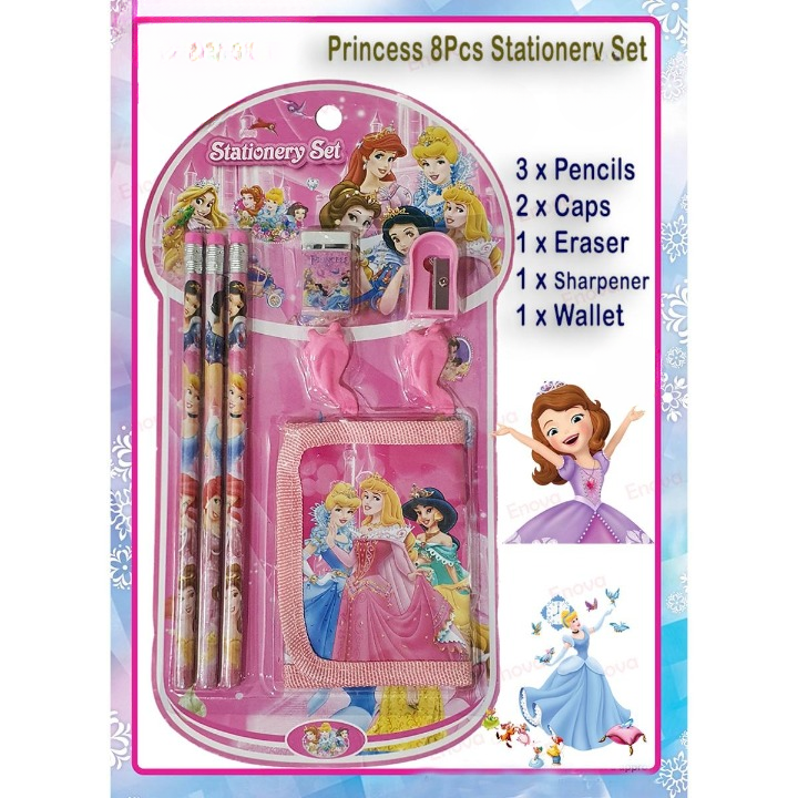 8 Pcs Disney Stationery Gift Set for Kids �Includes Pencils, Eraser, Sharpener, Pencil Caps &amp; Wallet (Random Character)