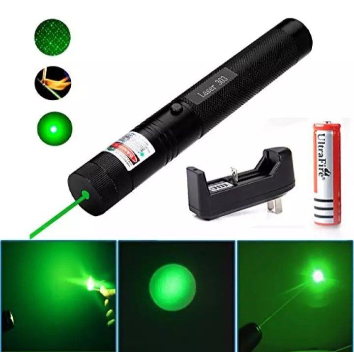 Special Edition High-Power 303 Green Laser Pointer with Adjustable Focus, 8 Designs &amp; Shapes, 5km Range �Rechargeable Battery, Charger &amp; Safety Lock
