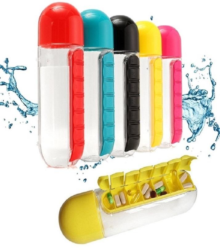 2-in-1 Medicine Organizer with Water Bottle �7 Days Pill Box, 600ml BPA-Free Drinking Bottle, Removable Cup, Compact Travel Pill Planner for Kids, Adults &amp; Elderly