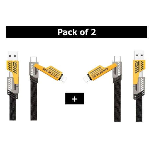 4 in 1 Data Cable Pack of 2 �USB-C &amp; Lightning Connectors, Braided Durable Design, Fast Charging &amp; Data Transfer, Black with Yellow Connectors