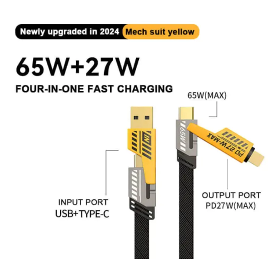 4 in 1 Data Cable Pack of 2 �USB-C &amp; Lightning Connectors, Braided Durable Design, Fast Charging &amp; Data Transfer, Black with Yellow Connectors