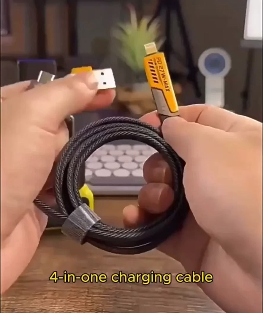 4 in 1 Data Cable �USB-C & Lightning Connectors, Braided Durable Design, Fast Charging &amp; Data Transfer, Black with Yellow Connectors (Without Box)