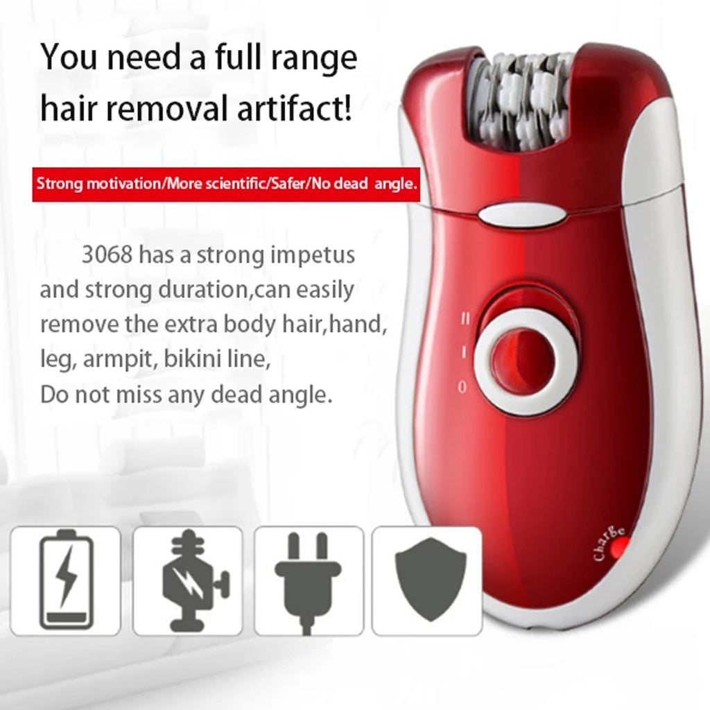 Kemei KM-3068 - Rechargeable 3-in-1 Epilator Hair Removal Device for Women �Electric Shaver &amp; Trimmer Set with Multiple Heads, Smooth Skin Care Tool for Face, Arms, Legs &amp; Sensitive Areas