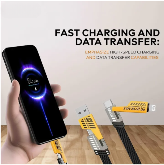 4 in 1 Data Cable Pack of 2 �USB-C &amp; Lightning Connectors, Braided Durable Design, Fast Charging &amp; Data Transfer, Black with Yellow Connectors