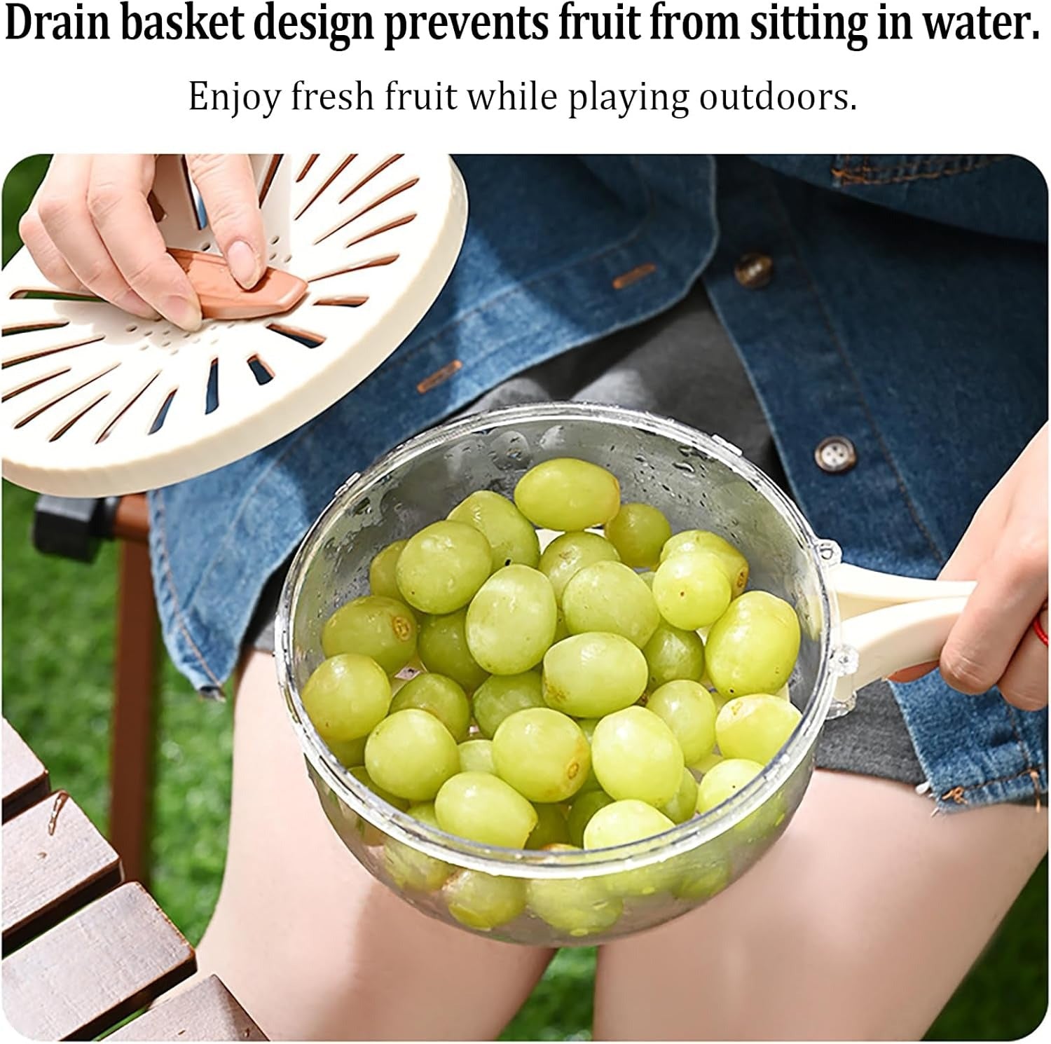 Kitchen Fruit Drainage Basket with Lid �Multi functional Dual-Layer Bowl for Washing, Draining &amp; Storing Fruits and Vegetables, Foldable Handle Design, White