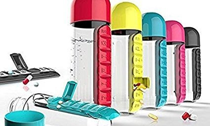 2-in-1 Medicine Organizer with Water Bottle �7 Days Pill Box, 600ml BPA-Free Drinking Bottle, Removable Cup, Compact Travel Pill Planner for Kids, Adults &amp; Elderly