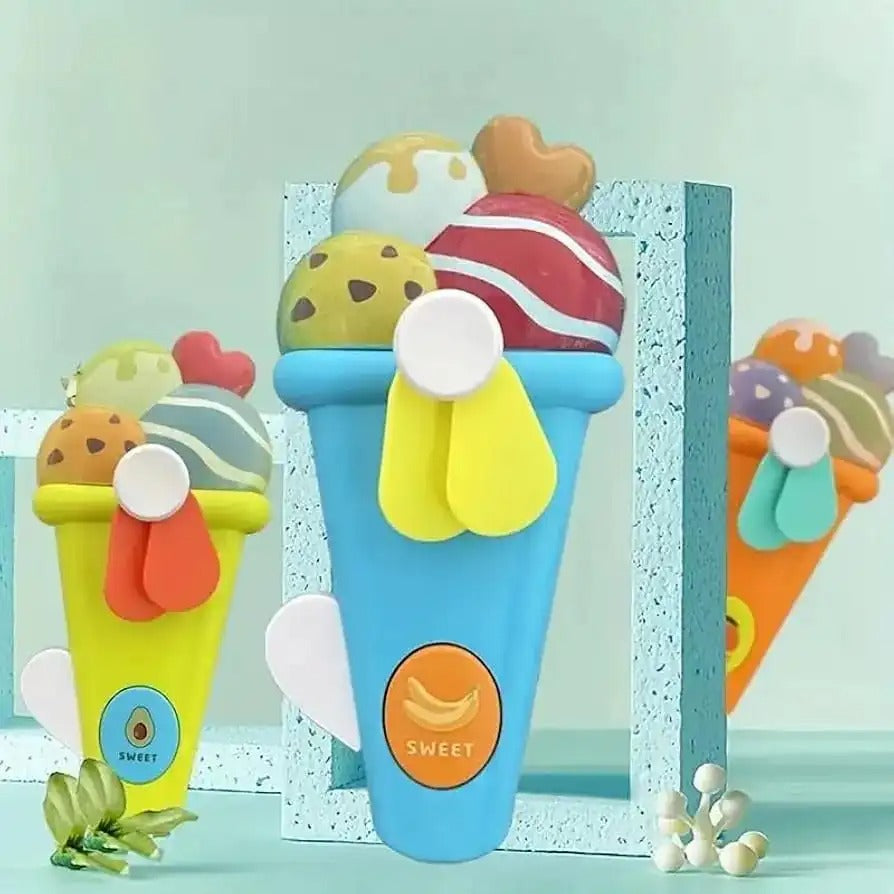 Handheld Ice Cream Cone Toy Fan for Kids �Cute Cartoon Design, Safe Soft Blades, Portable Mini Fan for Summer Play &amp; Cooling (Random Color)