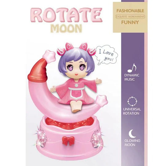Rotating Moon Doll Toy With LED Lights &amp; Music �Adorable Crescent Moon Design, Universal Rotation, Safe for Kids 3+, Pink &amp; Purple Gift for Fun and Sensory Play (Random Color)