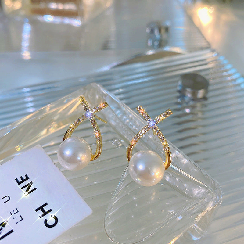 Elegant Golden Cross Pearl Zircon Earings Pearl – photo 3