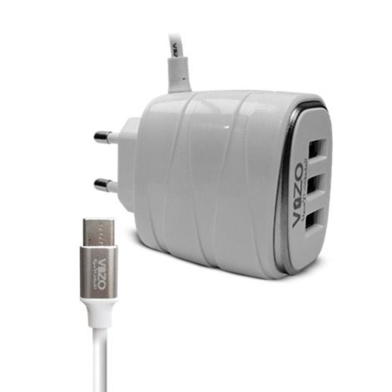 Vizo V16-Type-C �4A Smart Fast Charger (3 USB Ports + Built-in Type-C Cable) | Best Quality Type-C Charger For Android - Mobile Phone Charger - Android Charger