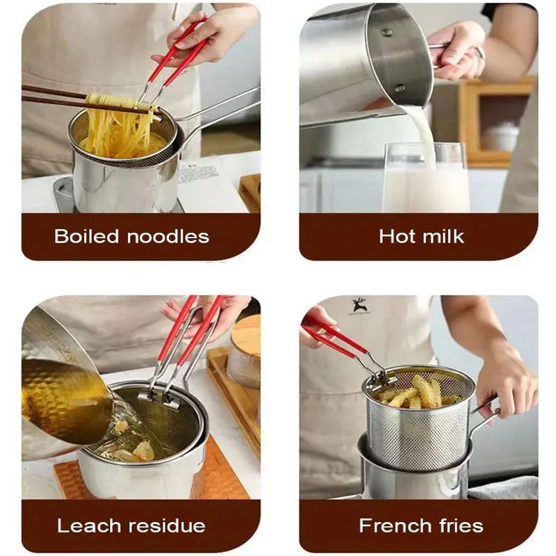 Stainless Steel Deep Fryer Pot with Strainer �Heavy-Duty Frying Pan for Home Kitchen Use �1200ML Oil Capacity
