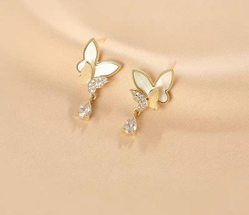 Double Butterfly Hanging Pearl Earings / Earrings Women's Earrings for Gift  / for girls - Golden