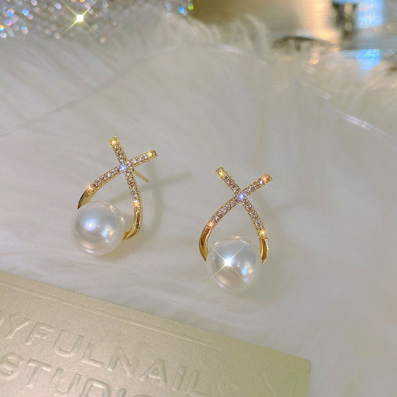 Elegant Golden Cross Pearl Zircon Earings Pearl – photo 2