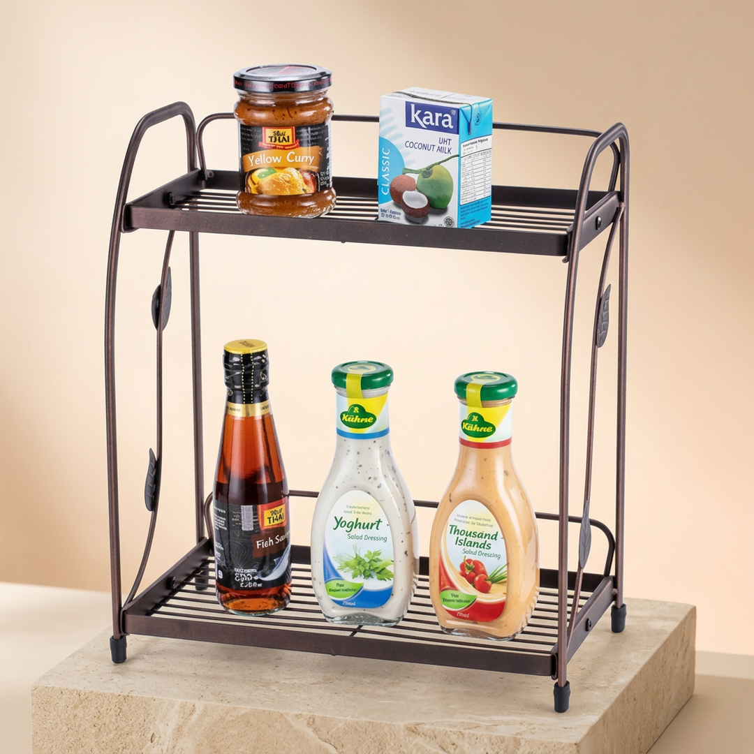 Two Layer Spice Rack Bronze Metal Kitchen Storage