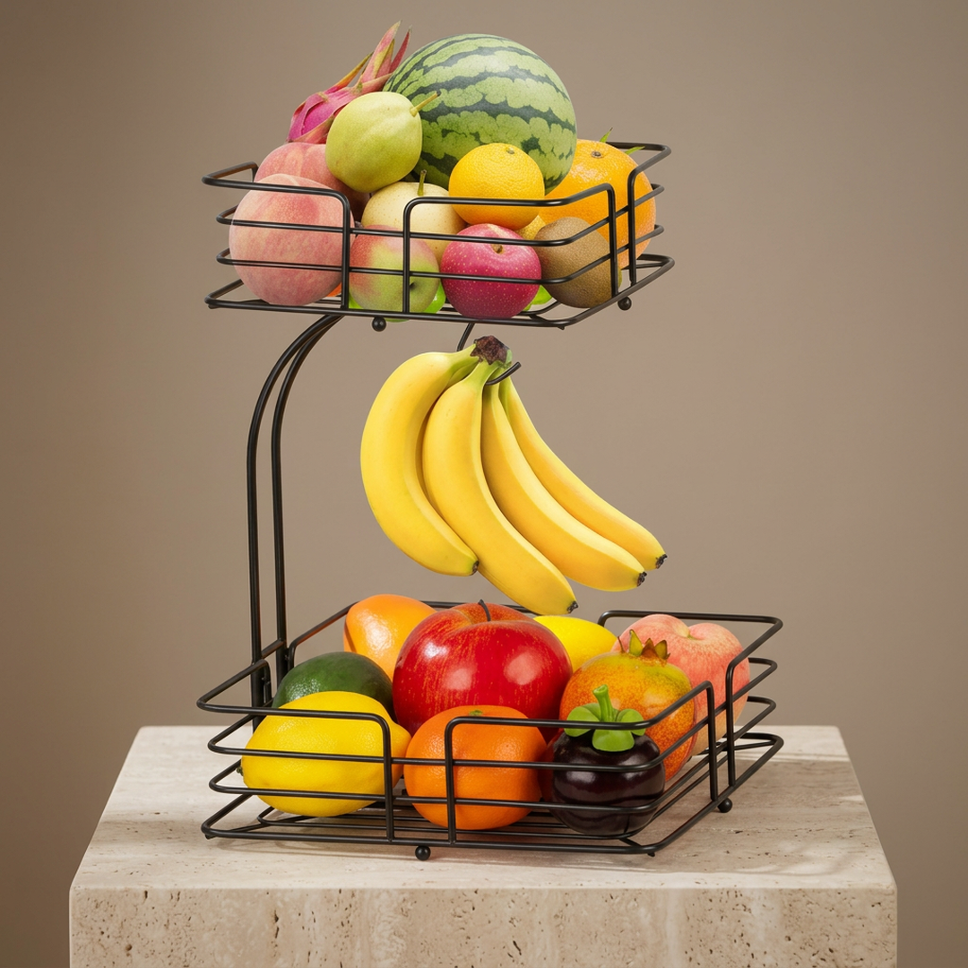 2-Tier Black Iron Fruit Basket for Kitchen