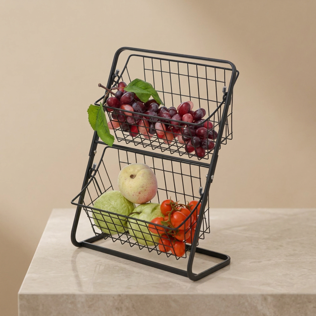 Two Layer Fruit Basket Black Metal Kitchen Organizer