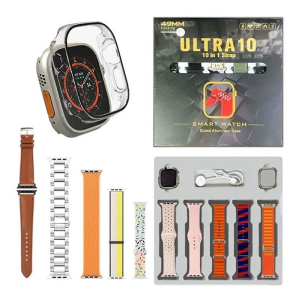 Ultra 10 Smart Watch | 10 in 1 Straps+Jelly Case | BT Calling | Super HD Display 49mm | Multi color straps &amp; wireless charging (Random color)