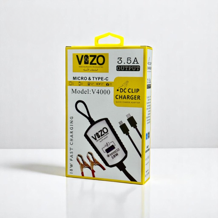 V4000 Dual Cable Clip Charger | Best Quality Type C Charger - 18W Charger - Vizo Charger | DC Clip Charger with Micro &amp; Type-C Cable - 3.5 A