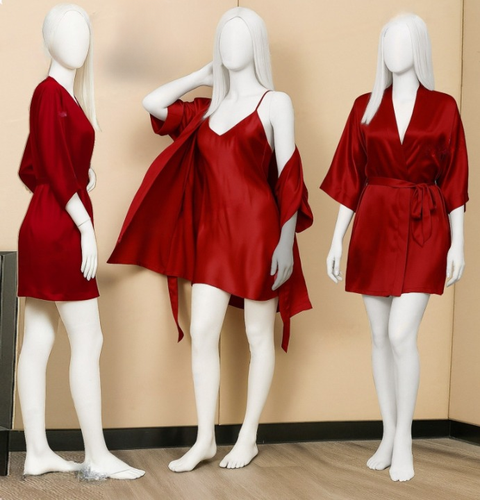 Premium Satin Sleepwear Set �Robe & Spaghetti Strap Nightdress Combo for Women �Free Size (Maroon)